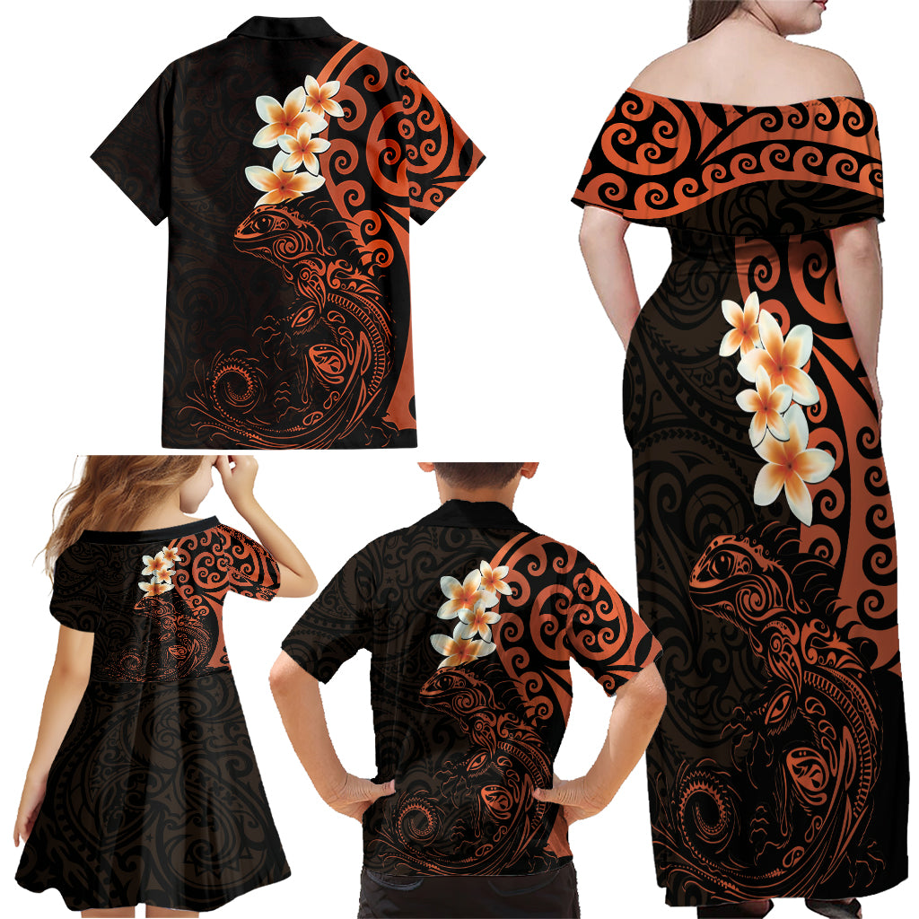 New Zealand Tuatara Plumeria Family Matching Off Shoulder Maxi Dress and Hawaiian Shirt Maori Orange Koru Tribal Tattoo