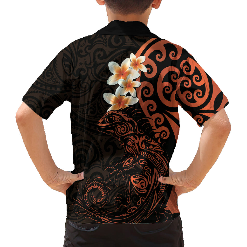 New Zealand Tuatara Plumeria Family Matching Off Shoulder Short Dress and Hawaiian Shirt Maori Orange Koru Tribal Tattoo LT01 - Polynesian Pride