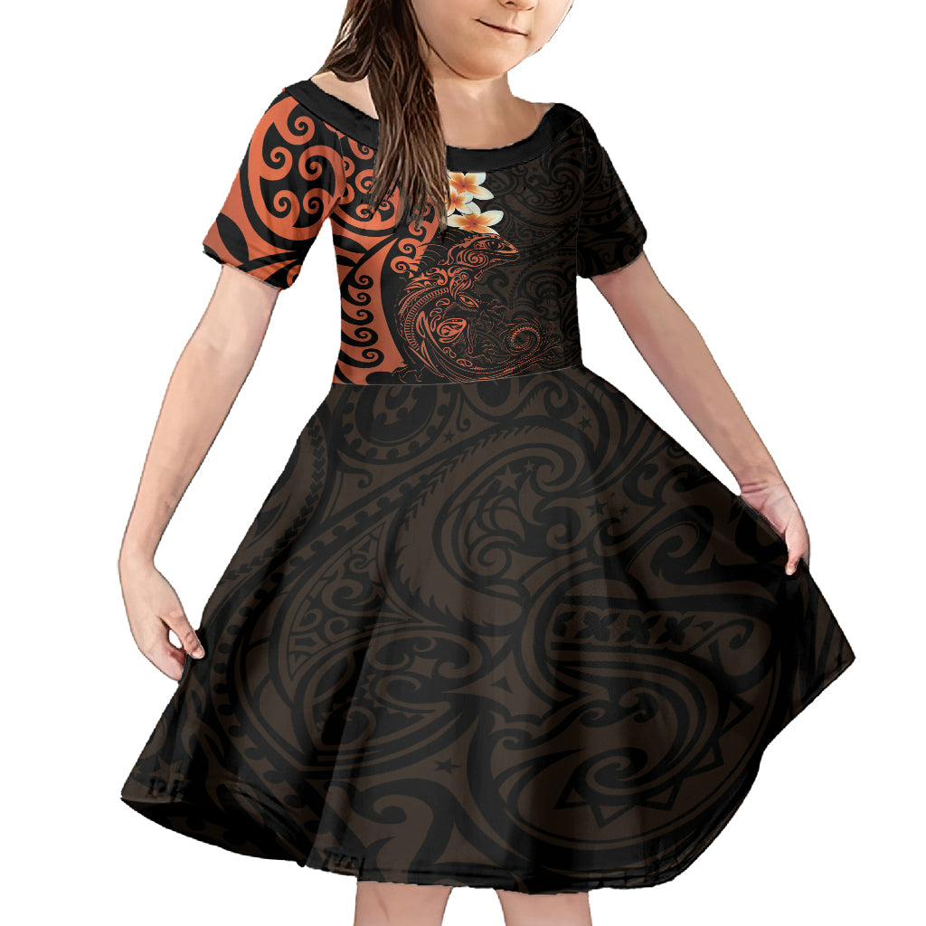 New Zealand Tuatara Plumeria Family Matching Off Shoulder Short Dress and Hawaiian Shirt Maori Orange Koru Tribal Tattoo LT01 Daughter's Dress Orange - Polynesian Pride