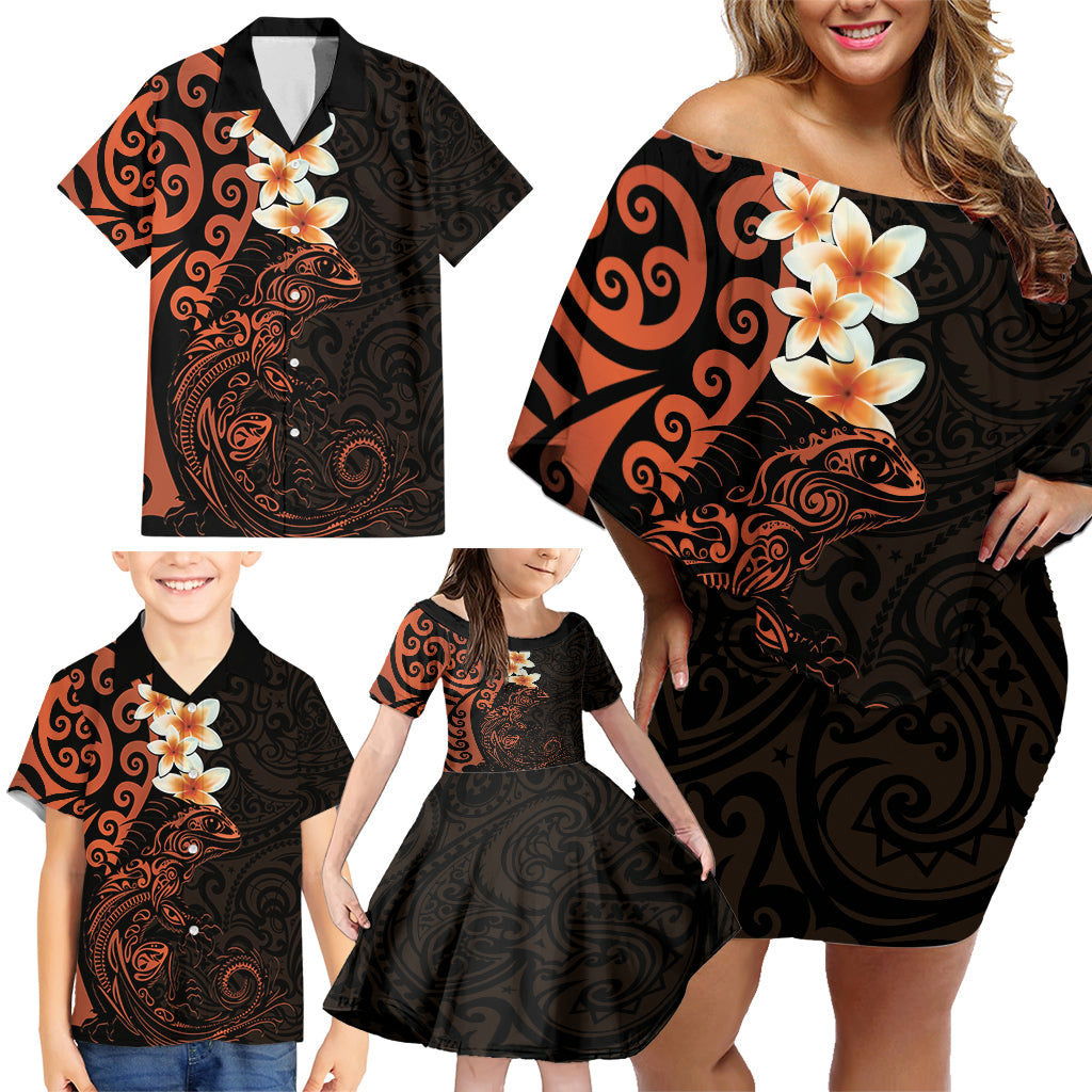 New Zealand Tuatara Plumeria Family Matching Off Shoulder Short Dress and Hawaiian Shirt Maori Orange Koru Tribal Tattoo LT01 - Polynesian Pride
