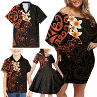 New Zealand Tuatara Plumeria Family Matching Off Shoulder Short Dress and Hawaiian Shirt Maori Orange Koru Tribal Tattoo LT01 - Polynesian Pride