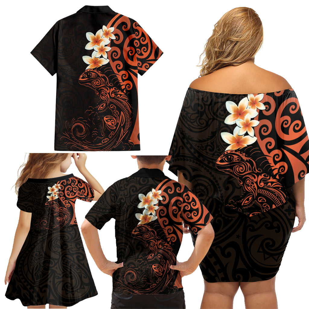 New Zealand Tuatara Plumeria Family Matching Off Shoulder Short Dress and Hawaiian Shirt Maori Orange Koru Tribal Tattoo LT01 - Polynesian Pride