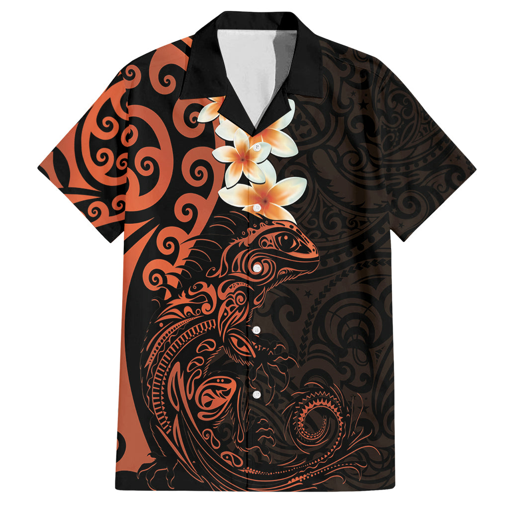 New Zealand Tuatara Plumeria Family Matching Off Shoulder Short Dress and Hawaiian Shirt Maori Orange Koru Tribal Tattoo LT01 Dad's Shirt - Short Sleeve Orange - Polynesian Pride