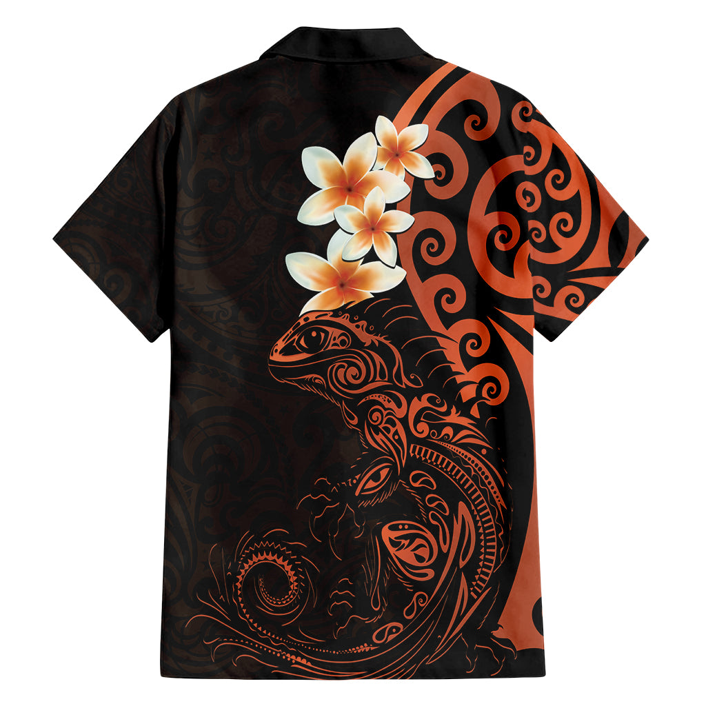 New Zealand Tuatara Plumeria Family Matching Off Shoulder Short Dress and Hawaiian Shirt Maori Orange Koru Tribal Tattoo LT01 - Polynesian Pride