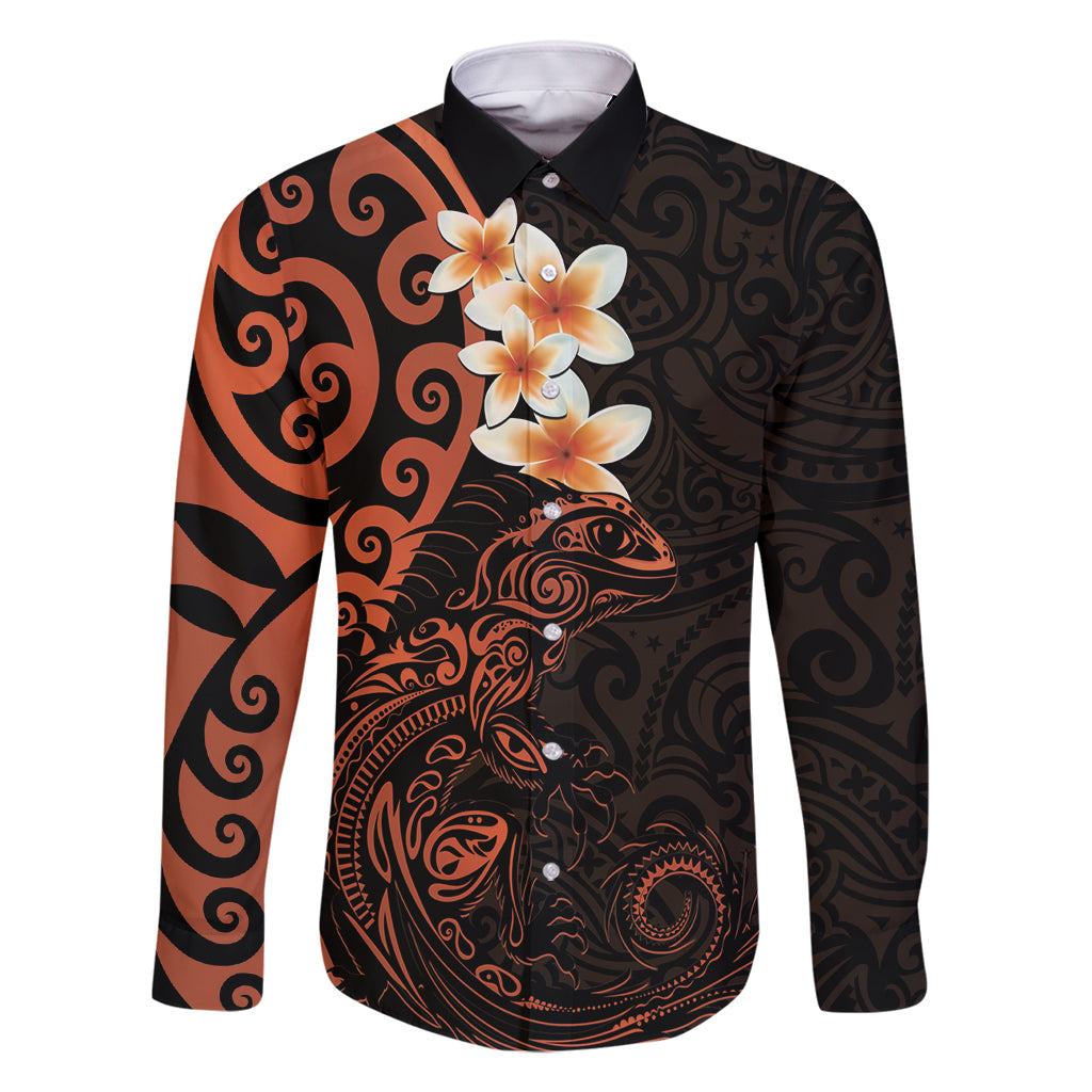 New Zealand Tuatara Plumeria Family Matching Off Shoulder Short Dress and Hawaiian Shirt Maori Orange Koru Tribal Tattoo LT01 Dad's Shirt - Long Sleeve Orange - Polynesian Pride