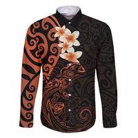 New Zealand Tuatara Plumeria Family Matching Off Shoulder Short Dress and Hawaiian Shirt Maori Orange Koru Tribal Tattoo LT01 Dad's Shirt - Long Sleeve Orange - Polynesian Pride