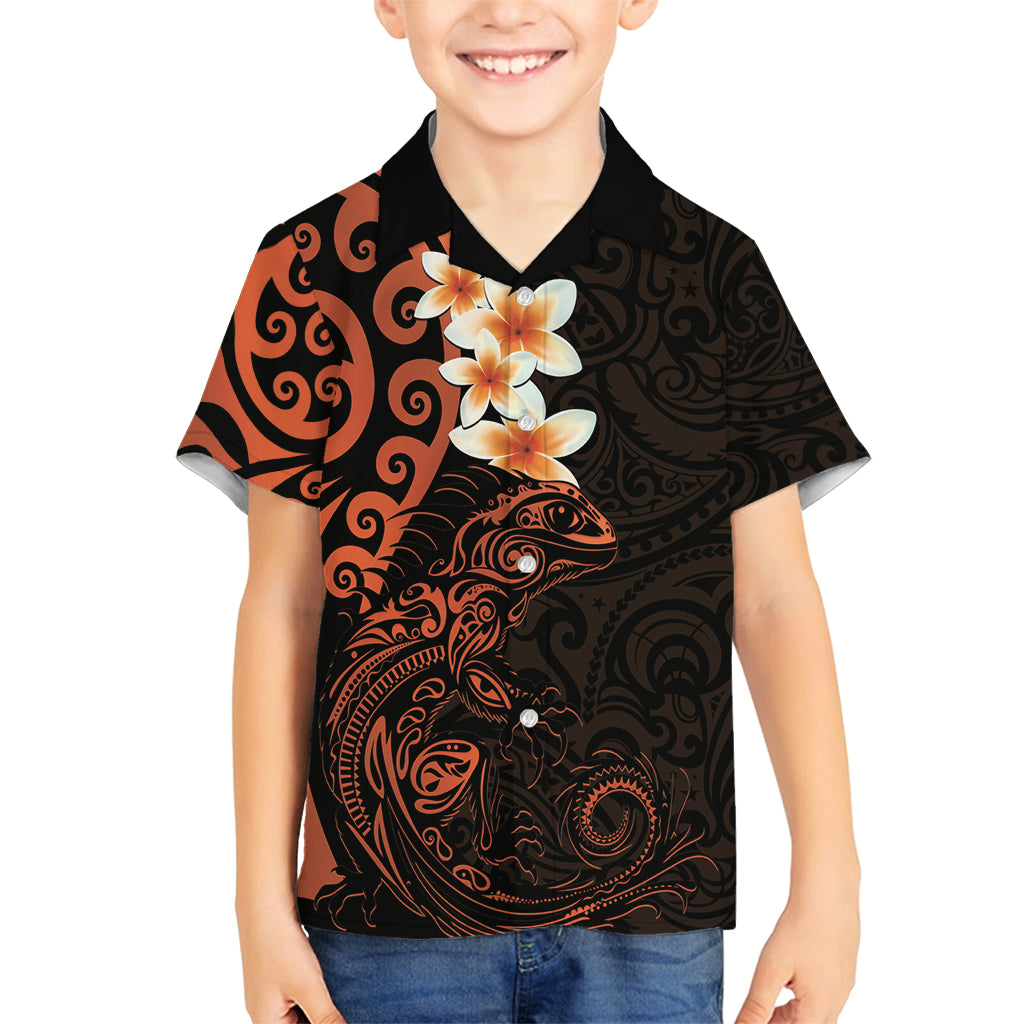 New Zealand Tuatara Plumeria Family Matching Off Shoulder Short Dress and Hawaiian Shirt Maori Orange Koru Tribal Tattoo LT01 Son's Shirt Orange - Polynesian Pride