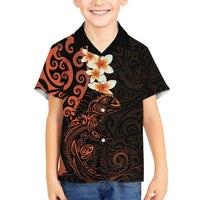 New Zealand Tuatara Plumeria Family Matching Off Shoulder Short Dress and Hawaiian Shirt Maori Orange Koru Tribal Tattoo LT01 Son's Shirt Orange - Polynesian Pride