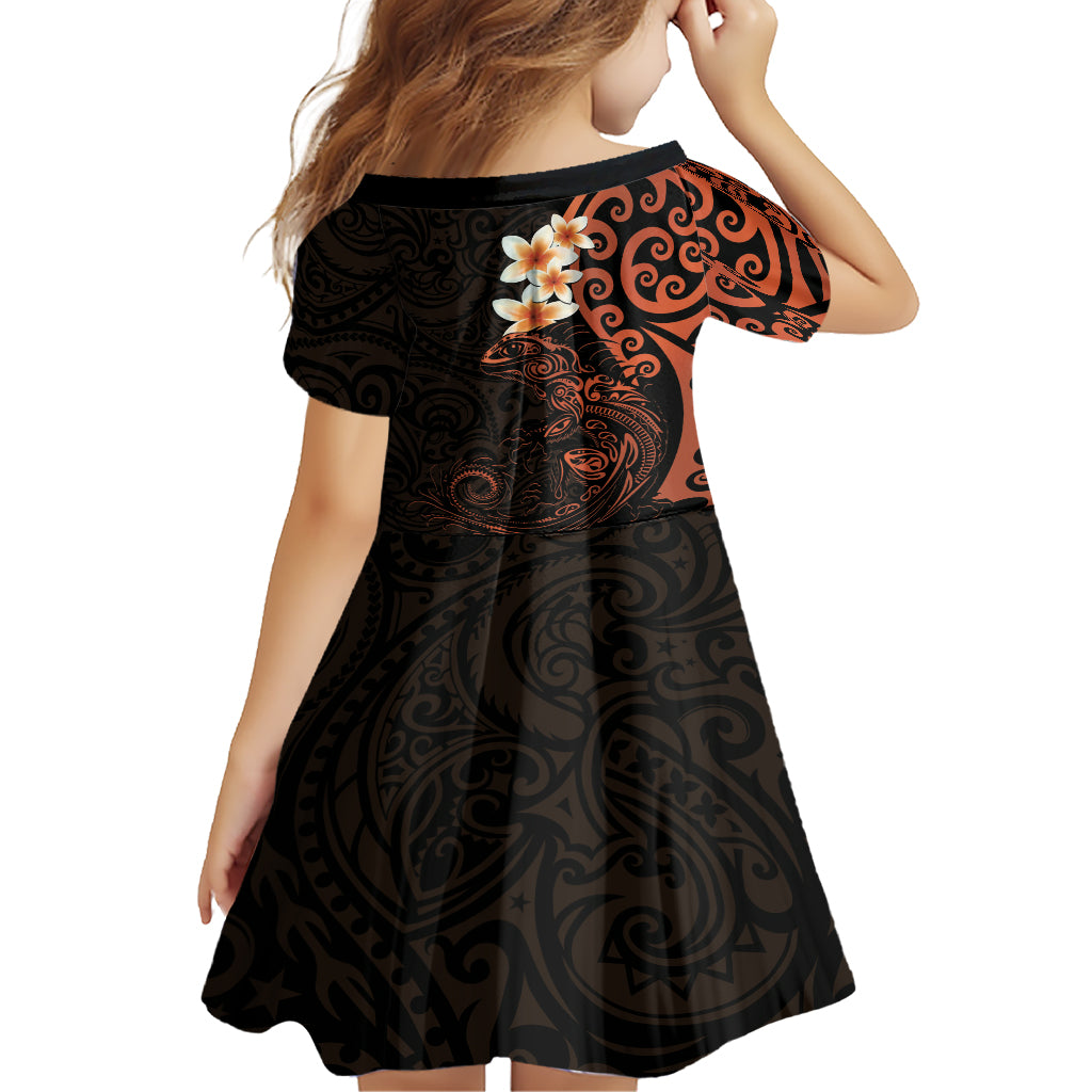 New Zealand Tuatara Plumeria Family Matching Short Sleeve Bodycon Dress and Hawaiian Shirt Maori Orange Koru Tribal Tattoo