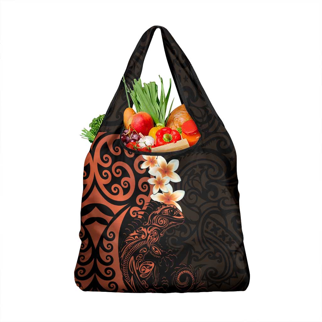 New Zealand Tuatara Plumeria Grocery Bag Maori Orange Koru Tribal Tattoo