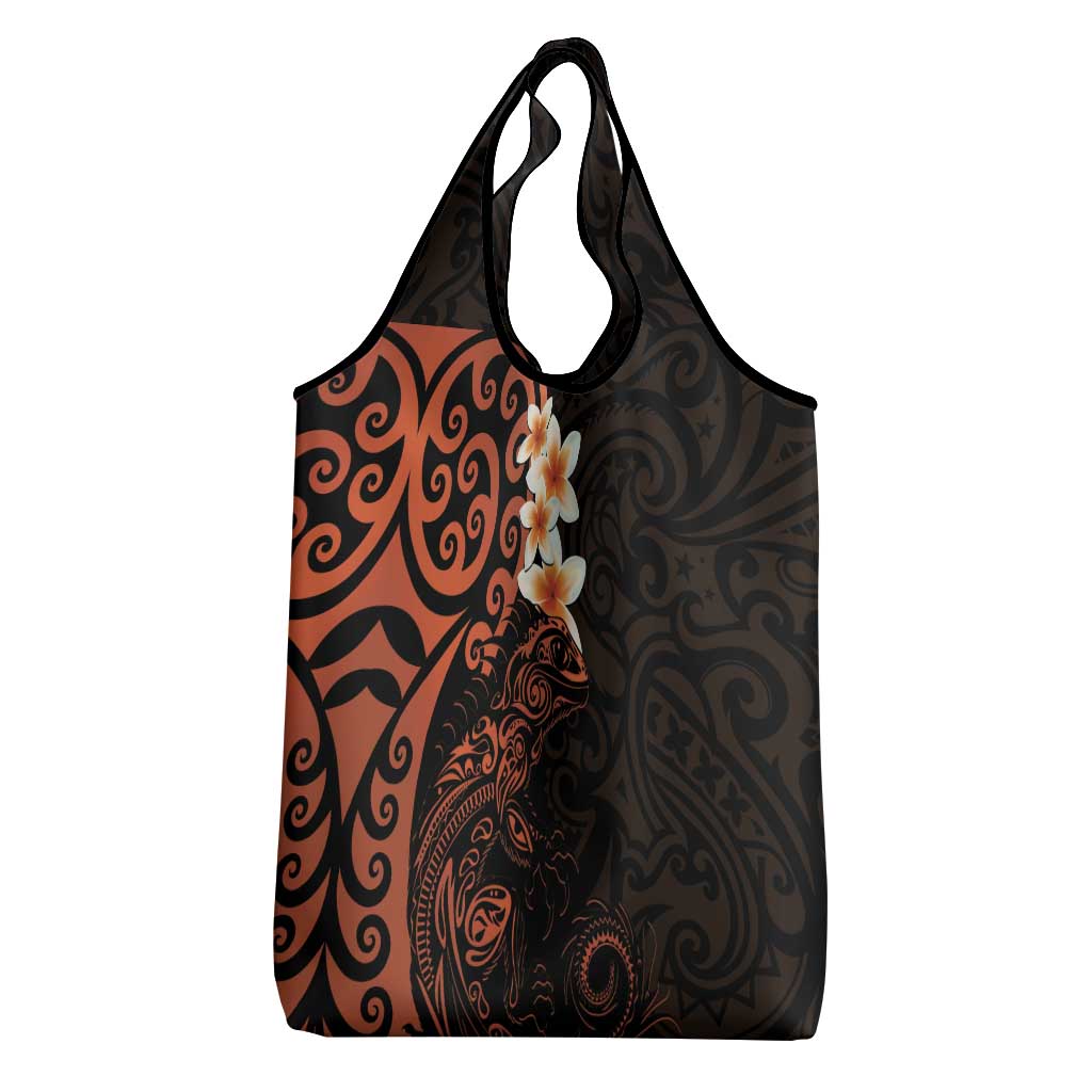 New Zealand Tuatara Plumeria Grocery Bag Maori Orange Koru Tribal Tattoo