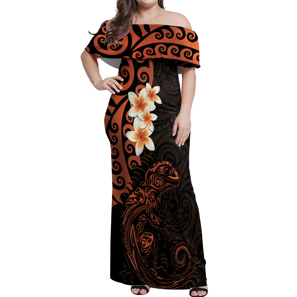 New Zealand Tuatara Plumeria Off Shoulder Maxi Dress Maori Orange Koru Tribal Tattoo LT01 Women Orange - Polynesian Pride