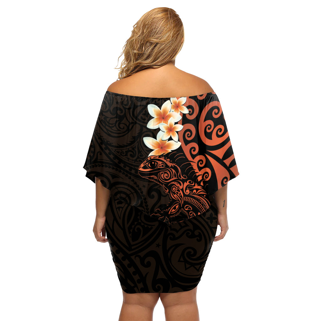 New Zealand Tuatara Plumeria Off Shoulder Short Dress Maori Orange Koru Tribal Tattoo LT01 - Polynesian Pride