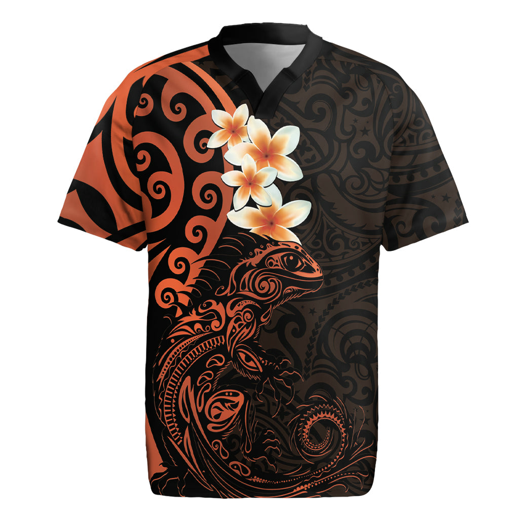 New Zealand Tuatara Plumeria Rugby Jersey Maori Orange Koru Tribal Tattoo