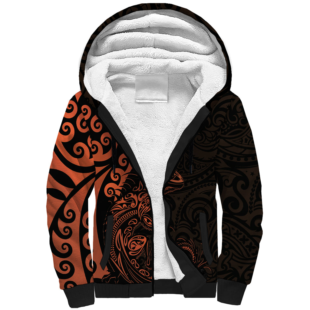 New Zealand Tuatara Plumeria Sherpa Hoodie Maori Orange Koru Tribal Tattoo