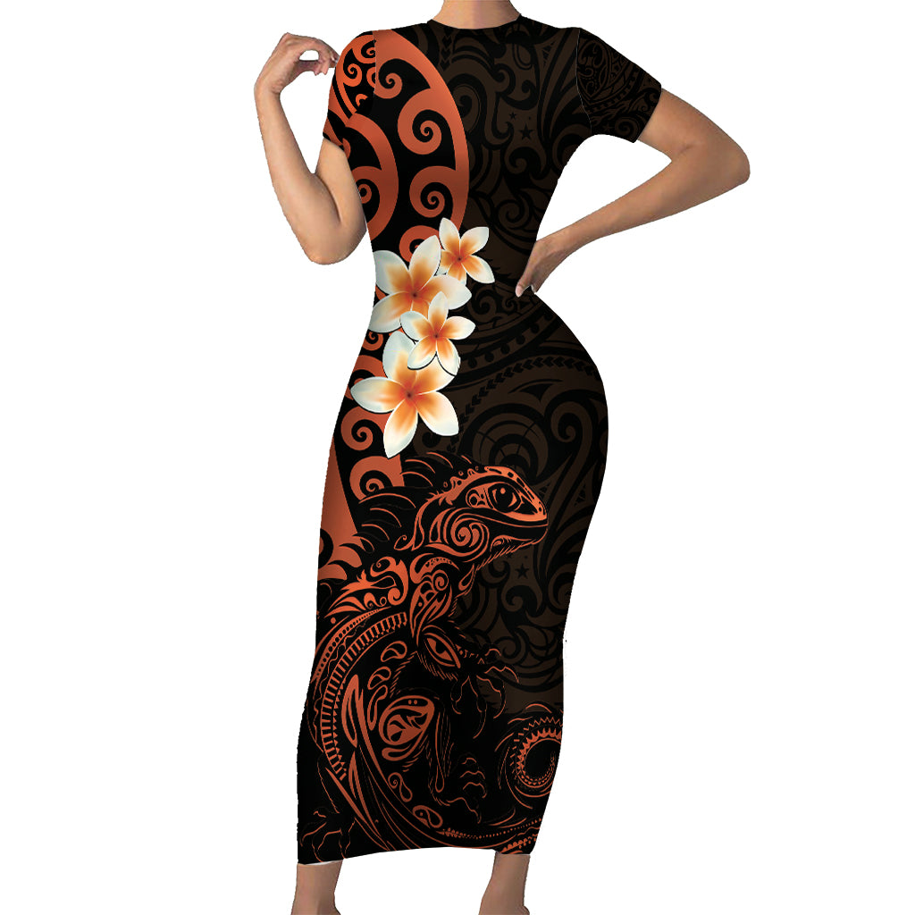 New Zealand Tuatara Plumeria Short Sleeve Bodycon Dress Maori Orange Koru Tribal Tattoo