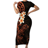 New Zealand Tuatara Plumeria Short Sleeve Bodycon Dress Maori Orange Koru Tribal Tattoo