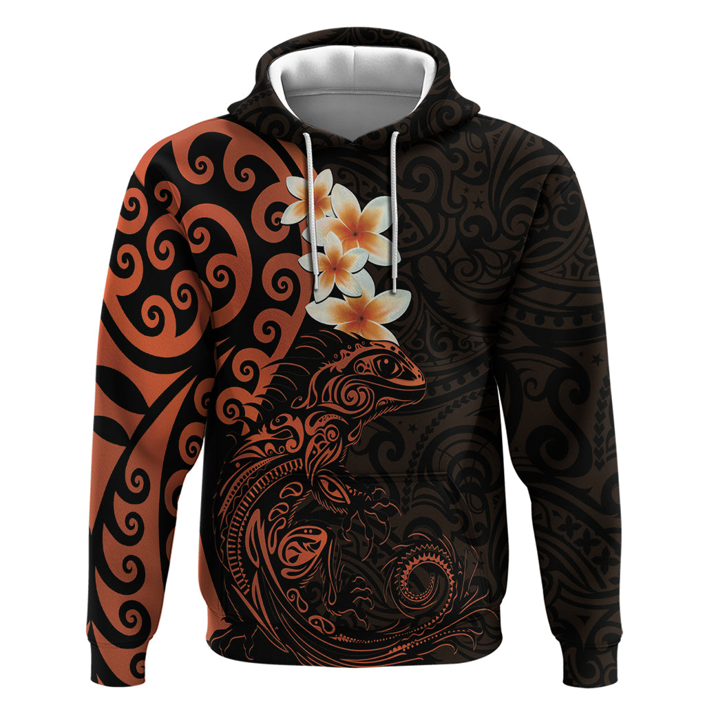New Zealand Tuatara Plumeria Zip Hoodie Maori Orange Koru Tribal Tattoo