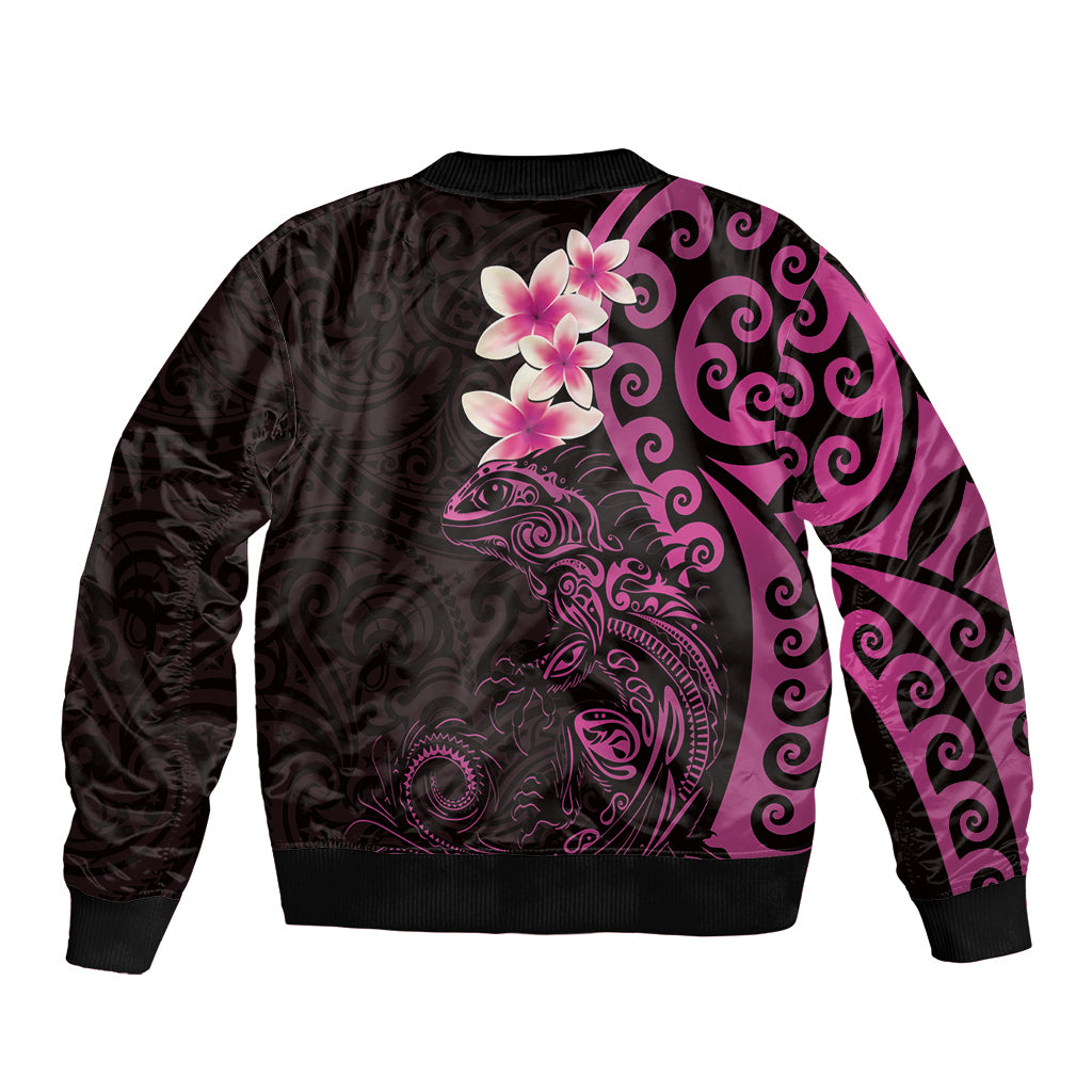 New Zealand Tuatara Plumeria Bomber Jacket Maori Pink Koru Tribal Tattoo