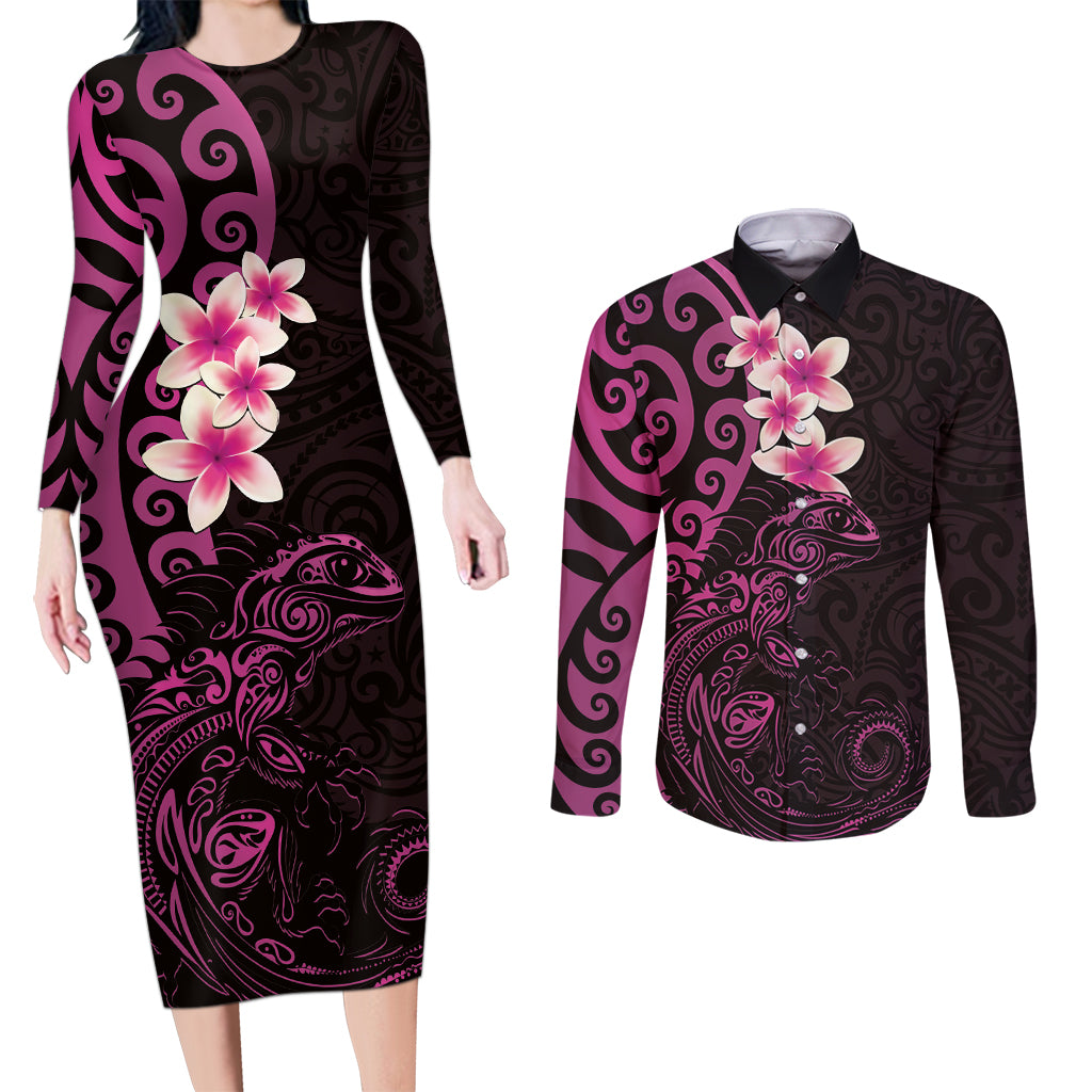 New Zealand Tuatara Plumeria Couples Matching Long Sleeve Bodycon Dress and Long Sleeve Button Shirt Maori Pink Koru Tribal Tattoo
