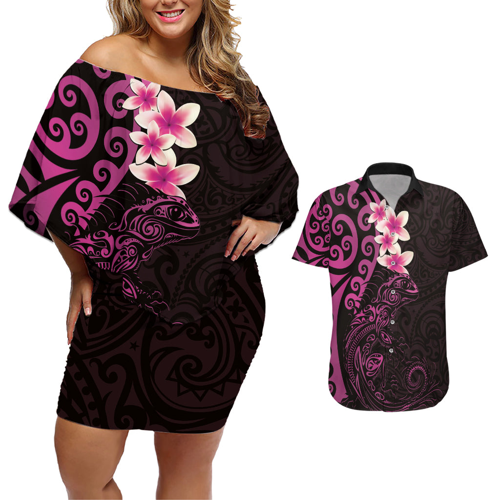 New Zealand Tuatara Plumeria Couples Matching Off Shoulder Short Dress and Hawaiian Shirt Maori Pink Koru Tribal Tattoo