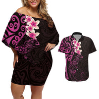 New Zealand Tuatara Plumeria Couples Matching Off Shoulder Short Dress and Hawaiian Shirt Maori Pink Koru Tribal Tattoo