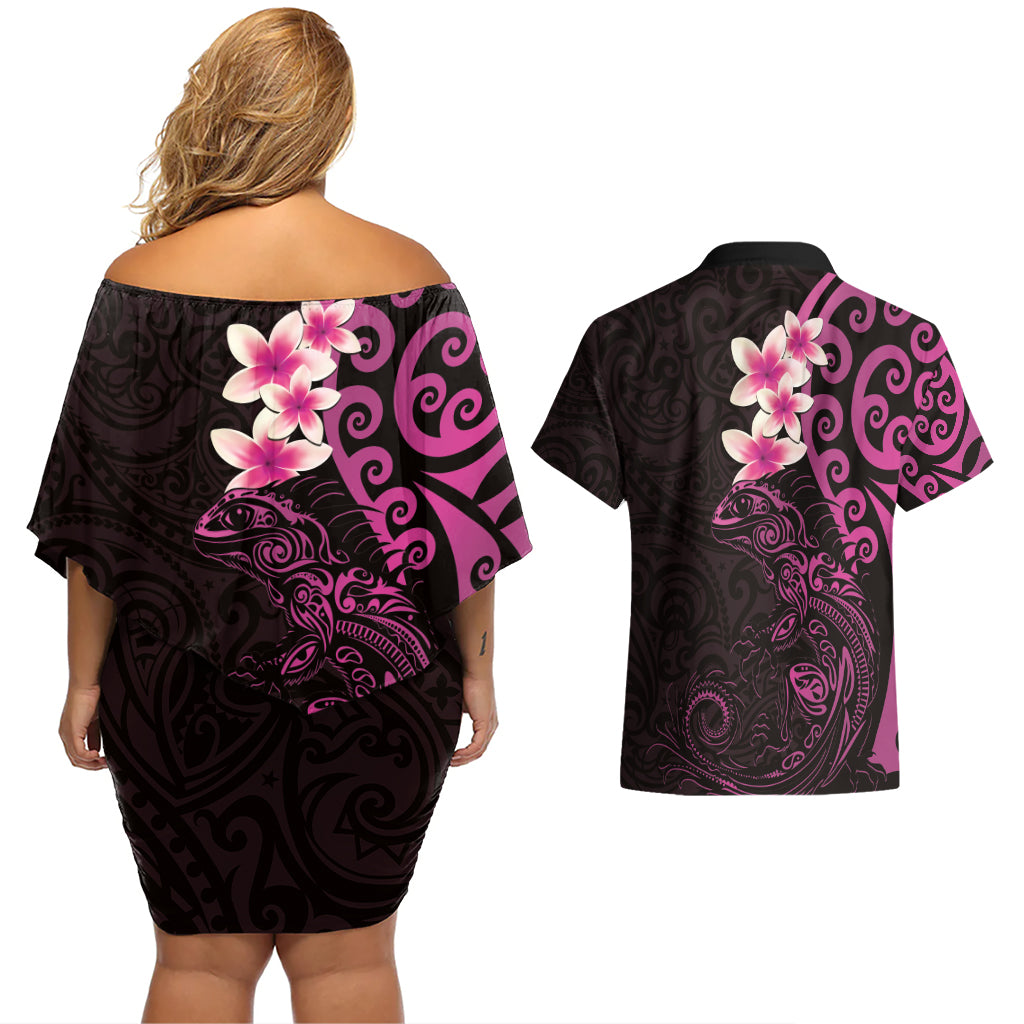 New Zealand Tuatara Plumeria Couples Matching Off Shoulder Short Dress and Hawaiian Shirt Maori Pink Koru Tribal Tattoo