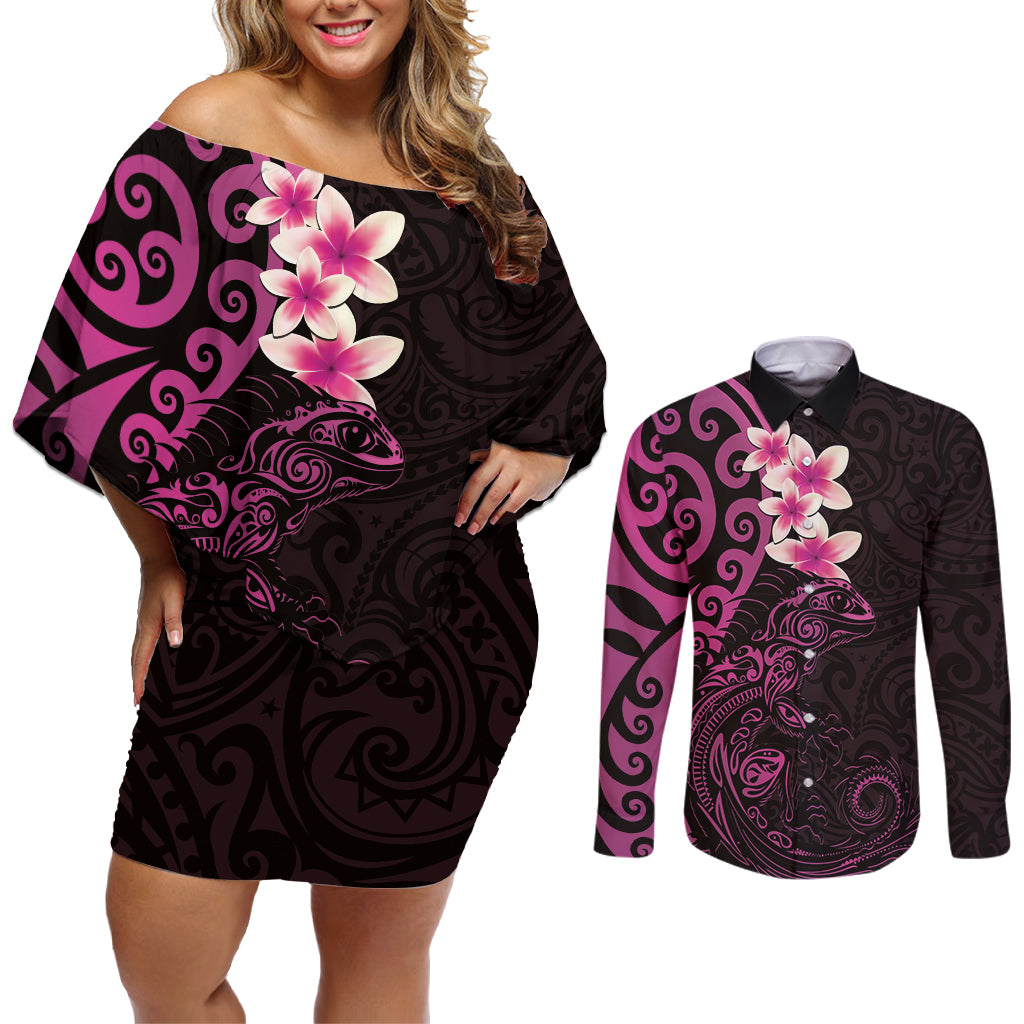 New Zealand Tuatara Plumeria Couples Matching Off Shoulder Short Dress and Long Sleeve Button Shirt Maori Pink Koru Tribal Tattoo