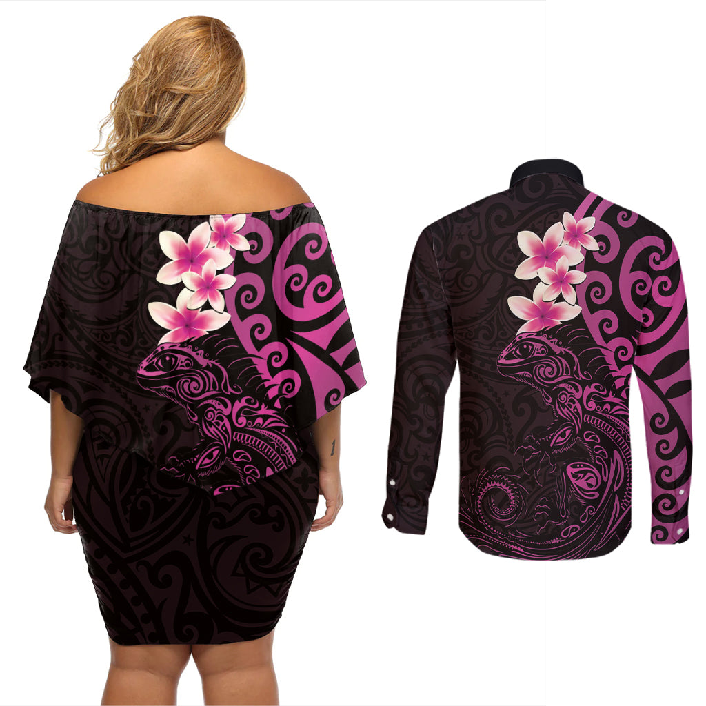 New Zealand Tuatara Plumeria Couples Matching Off Shoulder Short Dress and Long Sleeve Button Shirt Maori Pink Koru Tribal Tattoo