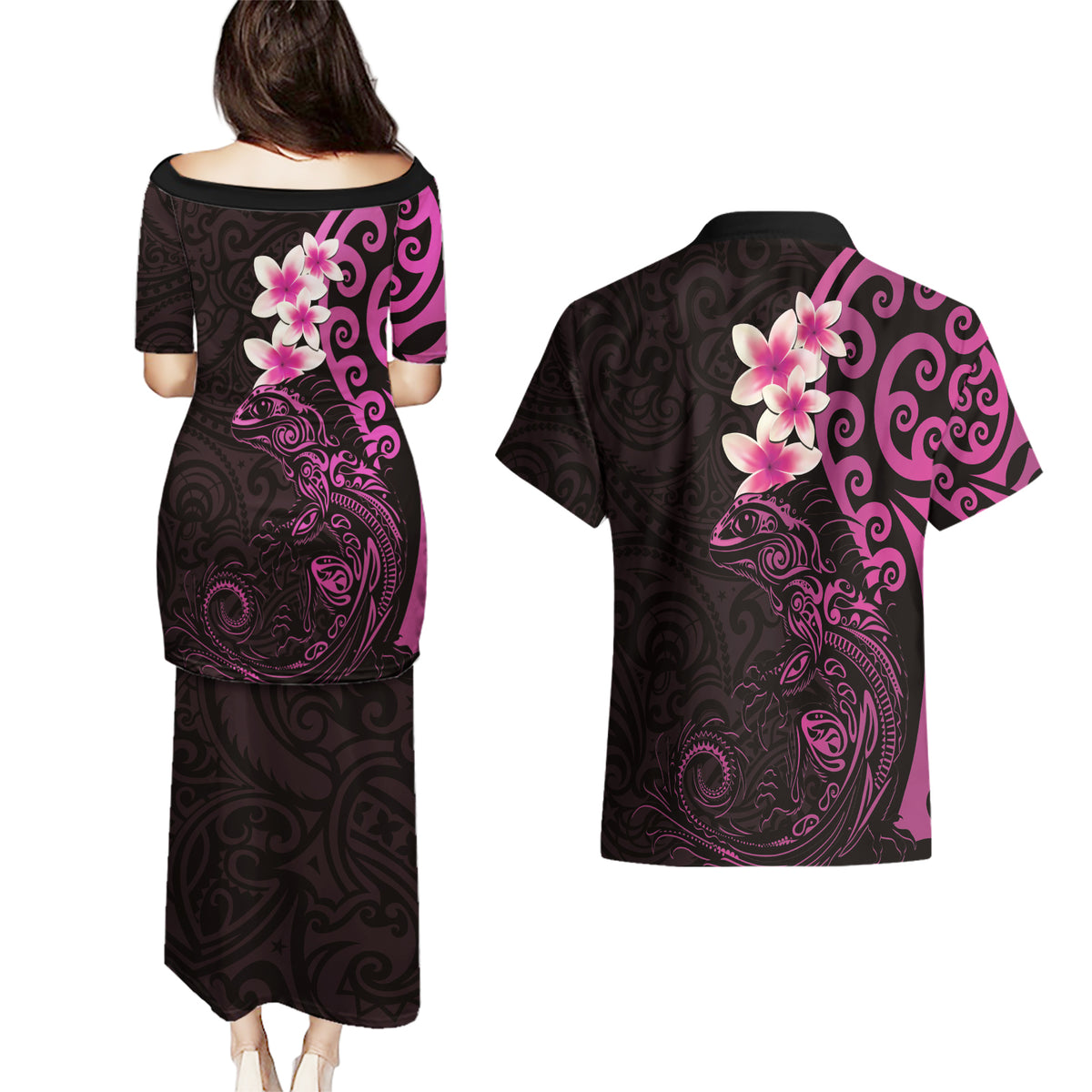 New Zealand Tuatara Plumeria Couples Matching Puletasi and Hawaiian Shirt Maori Pink Koru Tribal Tattoo