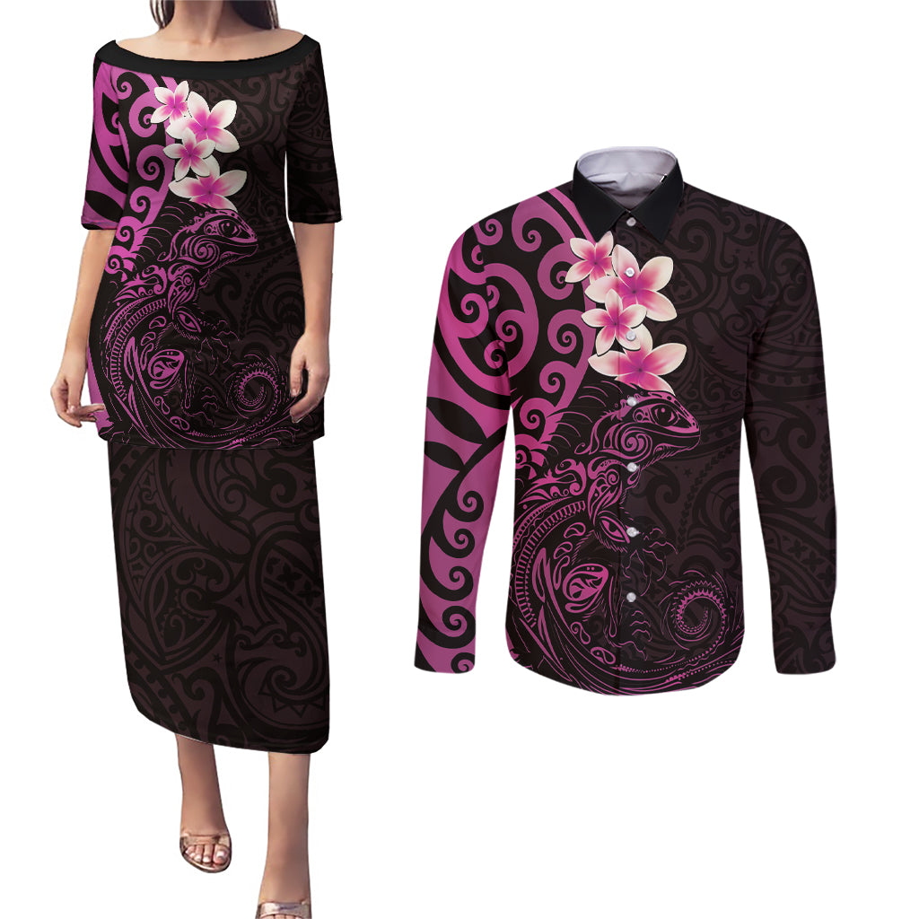 New Zealand Tuatara Plumeria Couples Matching Puletasi and Long Sleeve Button Shirt Maori Pink Koru Tribal Tattoo