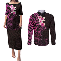 New Zealand Tuatara Plumeria Couples Matching Puletasi and Long Sleeve Button Shirt Maori Pink Koru Tribal Tattoo