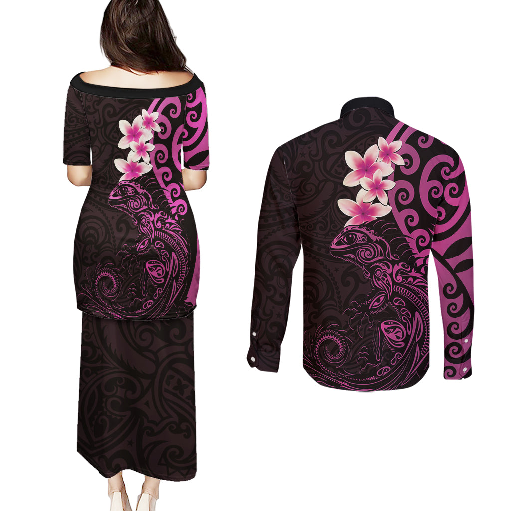 New Zealand Tuatara Plumeria Couples Matching Puletasi and Long Sleeve Button Shirt Maori Pink Koru Tribal Tattoo