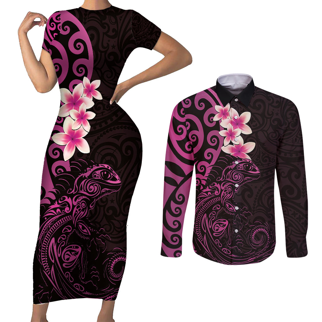New Zealand Tuatara Plumeria Couples Matching Short Sleeve Bodycon Dress and Long Sleeve Button Shirt Maori Pink Koru Tribal Tattoo