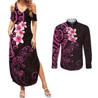 New Zealand Tuatara Plumeria Couples Matching Summer Maxi Dress and Long Sleeve Button Shirt Maori Pink Koru Tribal Tattoo