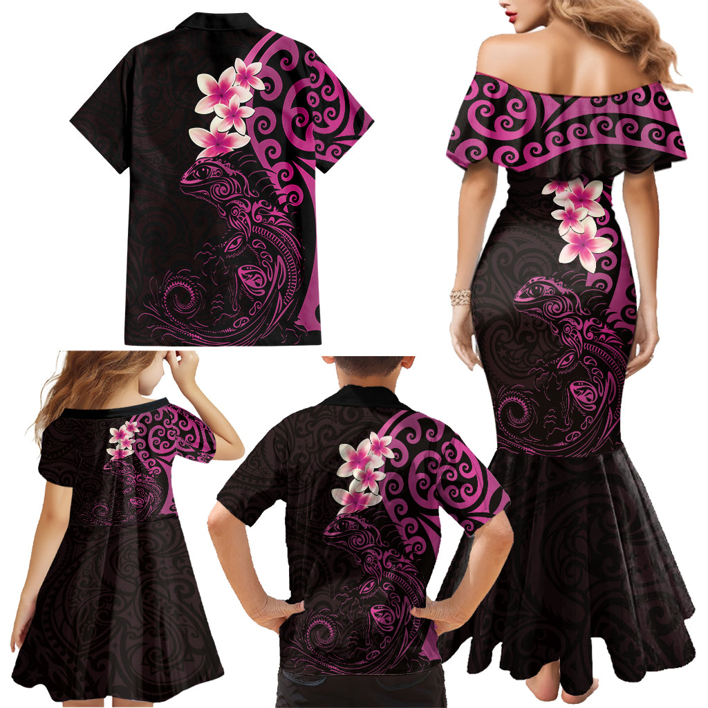 New Zealand Tuatara Plumeria Family Matching Mermaid Dress and Hawaiian Shirt Maori Pink Koru Tribal Tattoo