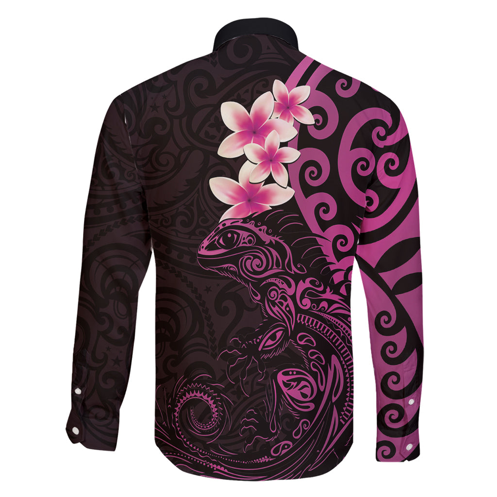 New Zealand Tuatara Plumeria Family Matching Off Shoulder Maxi Dress and Hawaiian Shirt Maori Pink Koru Tribal Tattoo