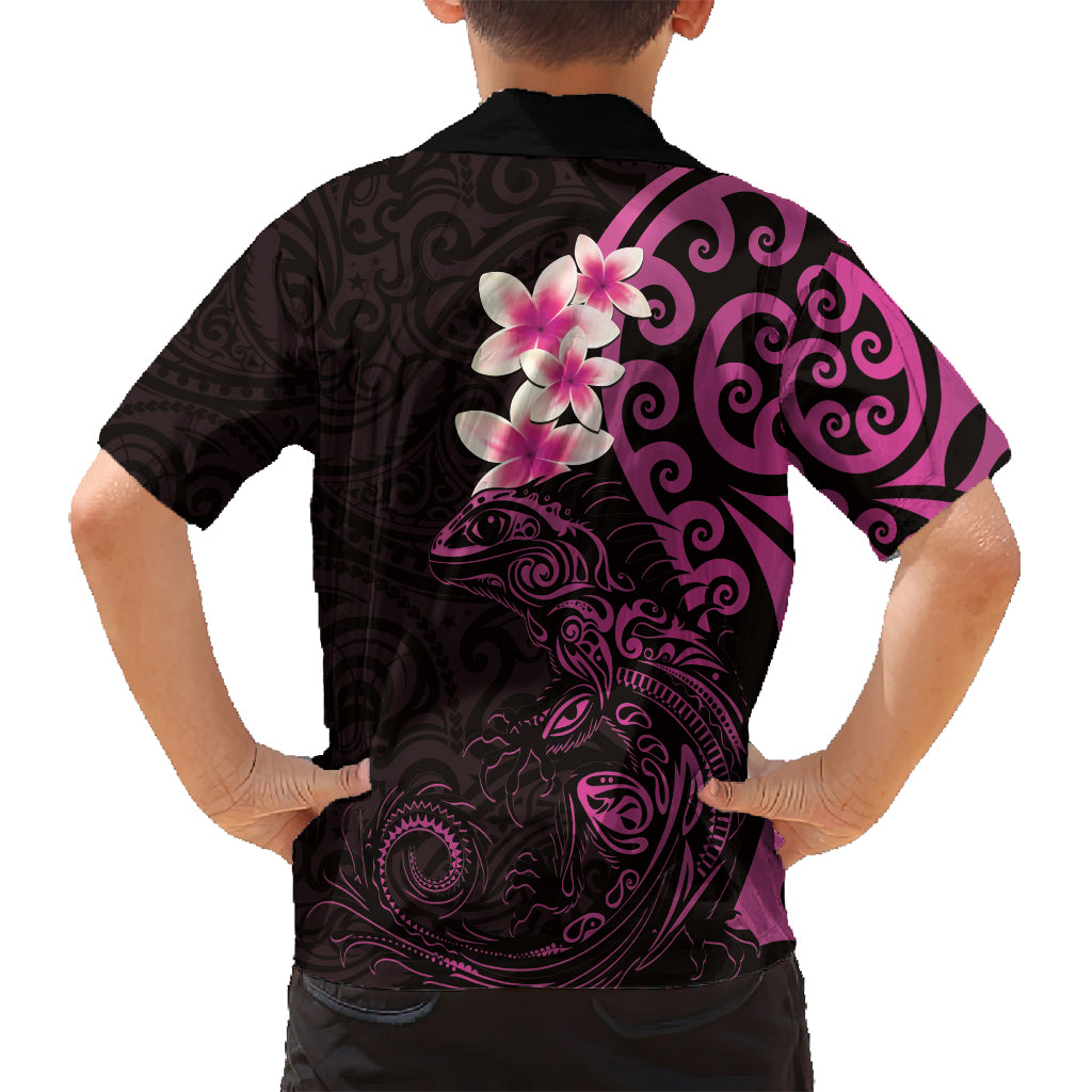 New Zealand Tuatara Plumeria Family Matching Off Shoulder Short Dress and Hawaiian Shirt Maori Pink Koru Tribal Tattoo LT01 - Polynesian Pride