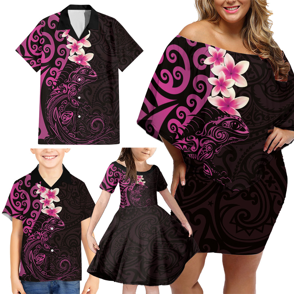 New Zealand Tuatara Plumeria Family Matching Off Shoulder Short Dress and Hawaiian Shirt Maori Pink Koru Tribal Tattoo LT01 - Polynesian Pride