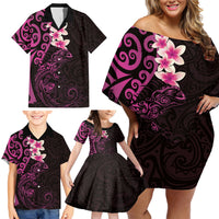 New Zealand Tuatara Plumeria Family Matching Off Shoulder Short Dress and Hawaiian Shirt Maori Pink Koru Tribal Tattoo LT01 - Polynesian Pride