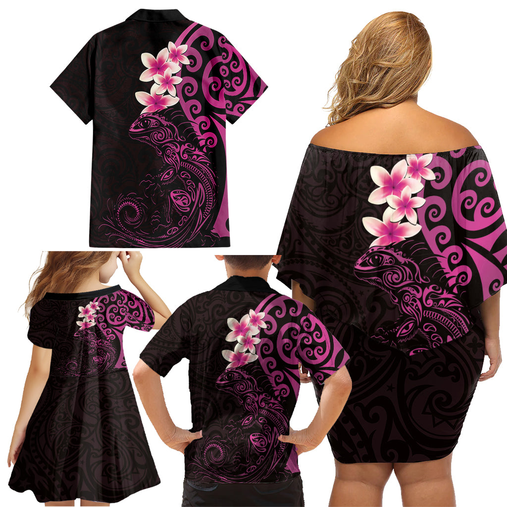 New Zealand Tuatara Plumeria Family Matching Off Shoulder Short Dress and Hawaiian Shirt Maori Pink Koru Tribal Tattoo LT01 - Polynesian Pride