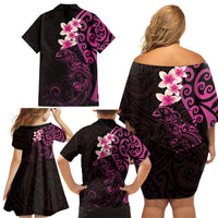 New Zealand Tuatara Plumeria Family Matching Off Shoulder Short Dress and Hawaiian Shirt Maori Pink Koru Tribal Tattoo LT01 - Polynesian Pride