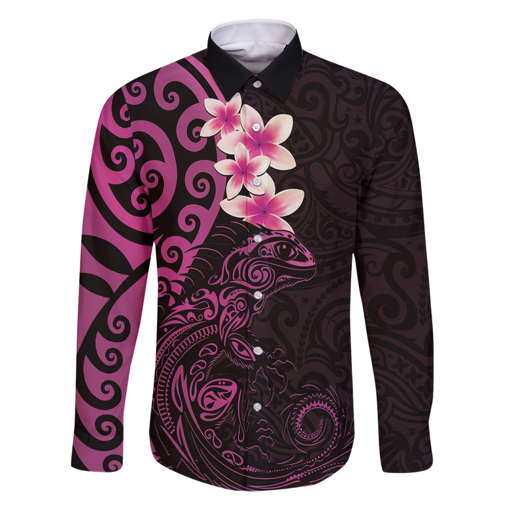 New Zealand Tuatara Plumeria Family Matching Off Shoulder Short Dress and Hawaiian Shirt Maori Pink Koru Tribal Tattoo LT01 Dad's Shirt - Long Sleeve Pink - Polynesian Pride