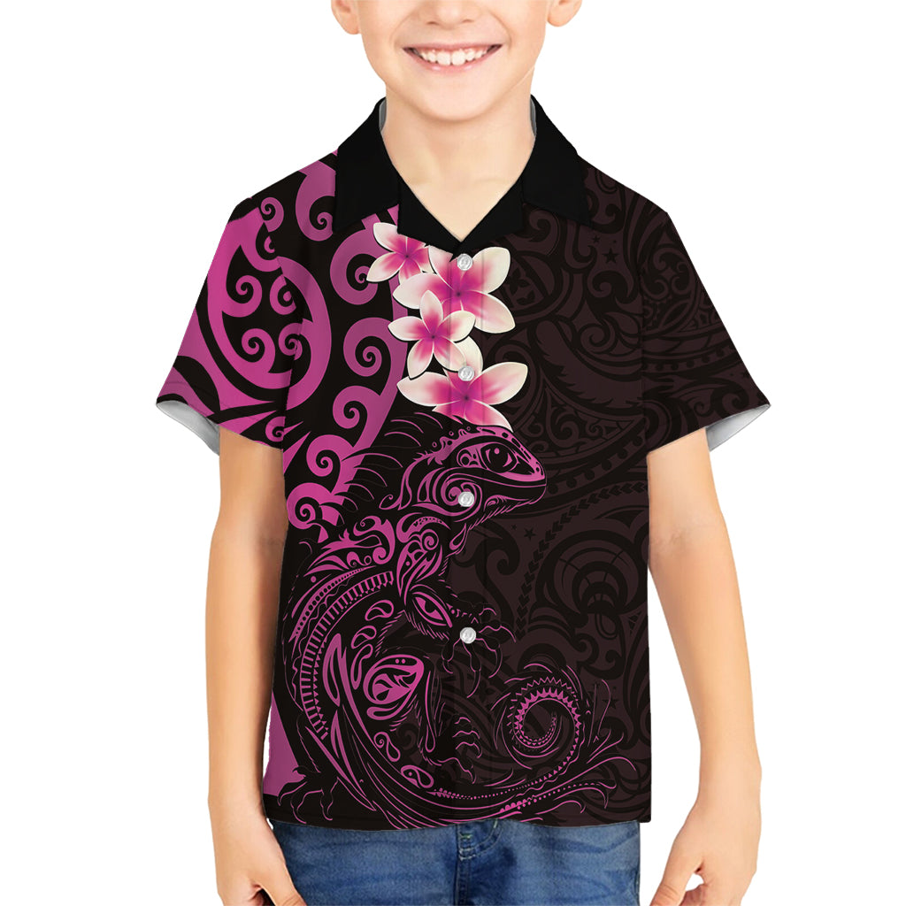 New Zealand Tuatara Plumeria Family Matching Off Shoulder Short Dress and Hawaiian Shirt Maori Pink Koru Tribal Tattoo LT01 Son's Shirt Pink - Polynesian Pride