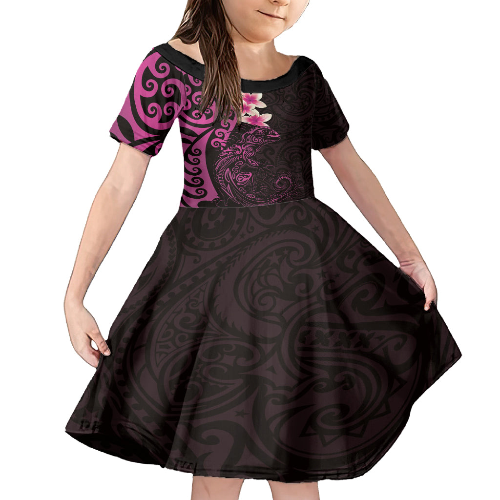 New Zealand Tuatara Plumeria Family Matching Tank Maxi Dress and Hawaiian Shirt Maori Pink Koru Tribal Tattoo LT01 Daughter's Dress Pink - Polynesian Pride