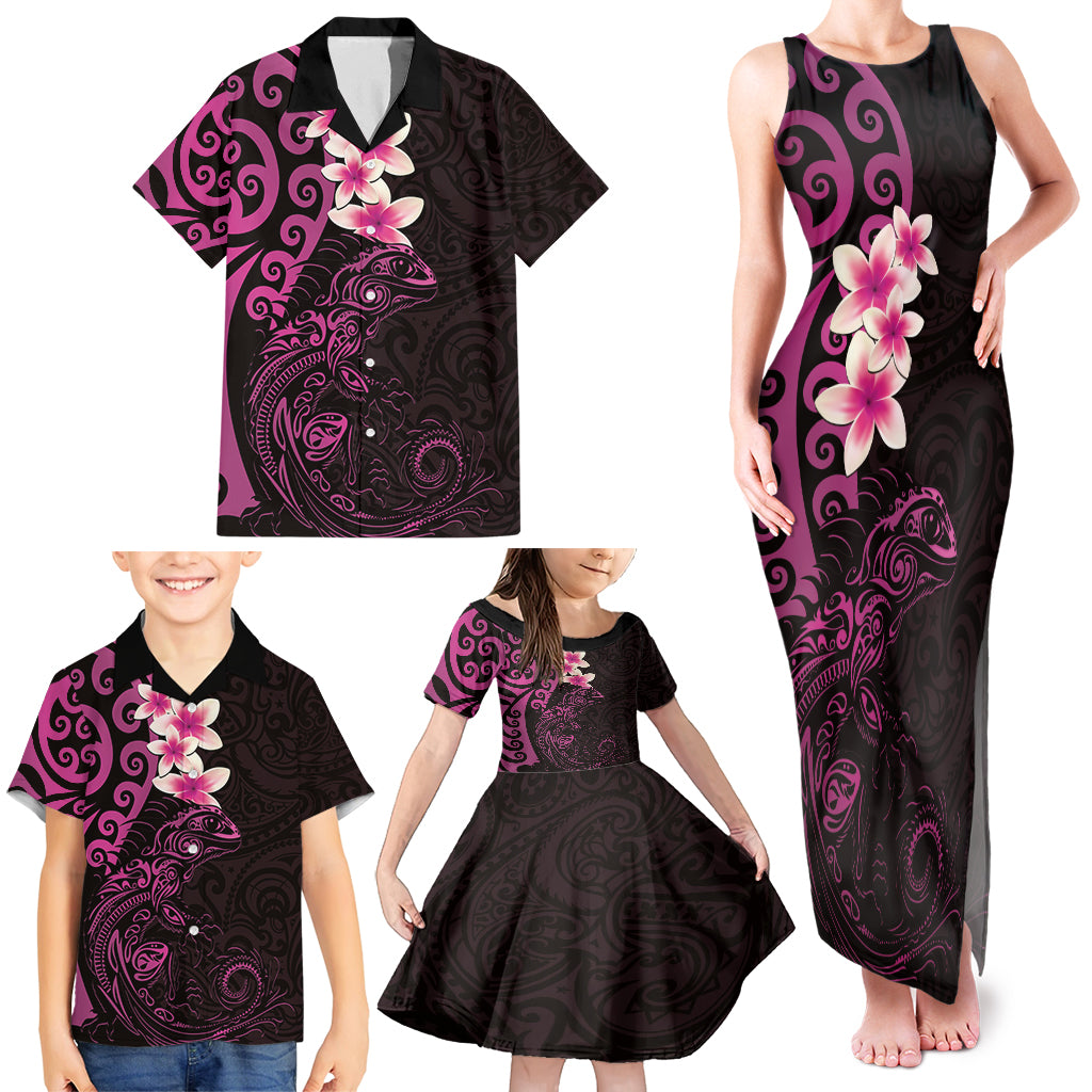 New Zealand Tuatara Plumeria Family Matching Tank Maxi Dress and Hawaiian Shirt Maori Pink Koru Tribal Tattoo LT01 - Polynesian Pride