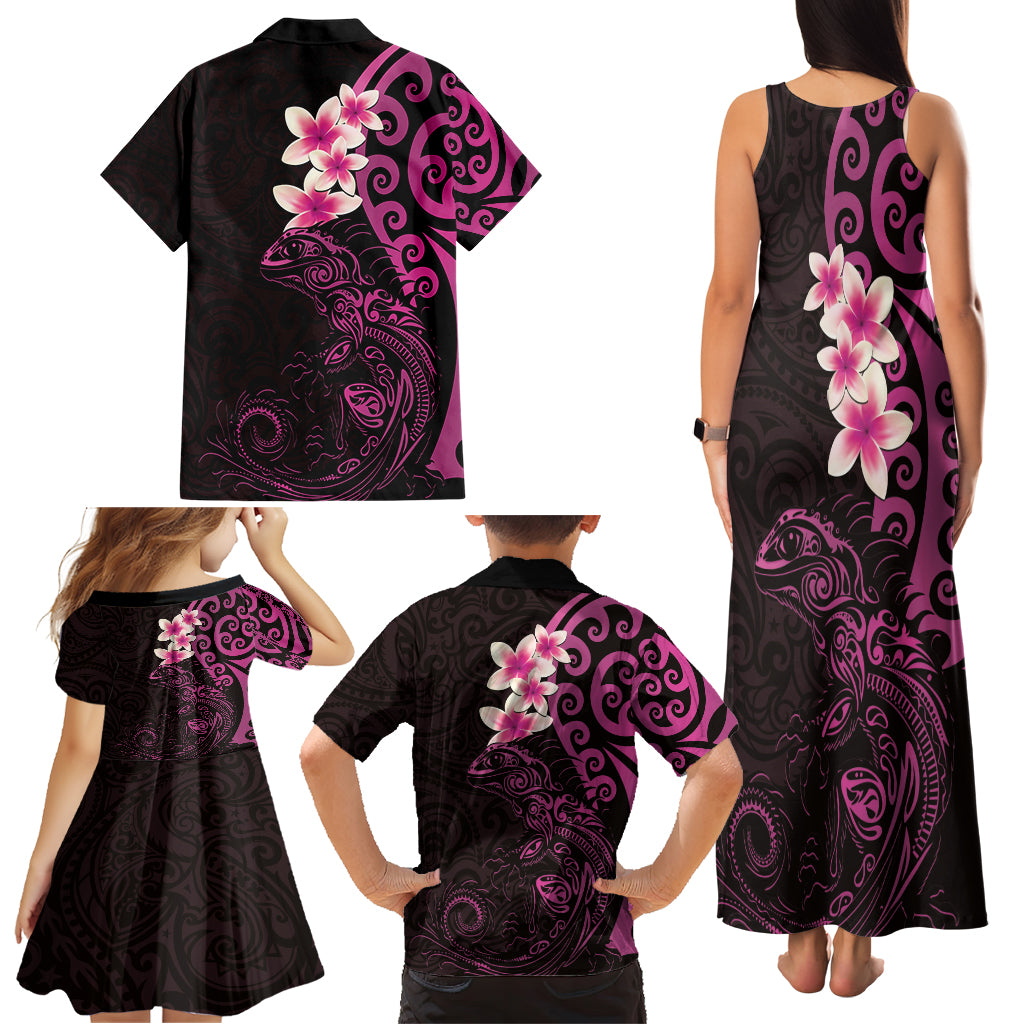 New Zealand Tuatara Plumeria Family Matching Tank Maxi Dress and Hawaiian Shirt Maori Pink Koru Tribal Tattoo LT01 - Polynesian Pride