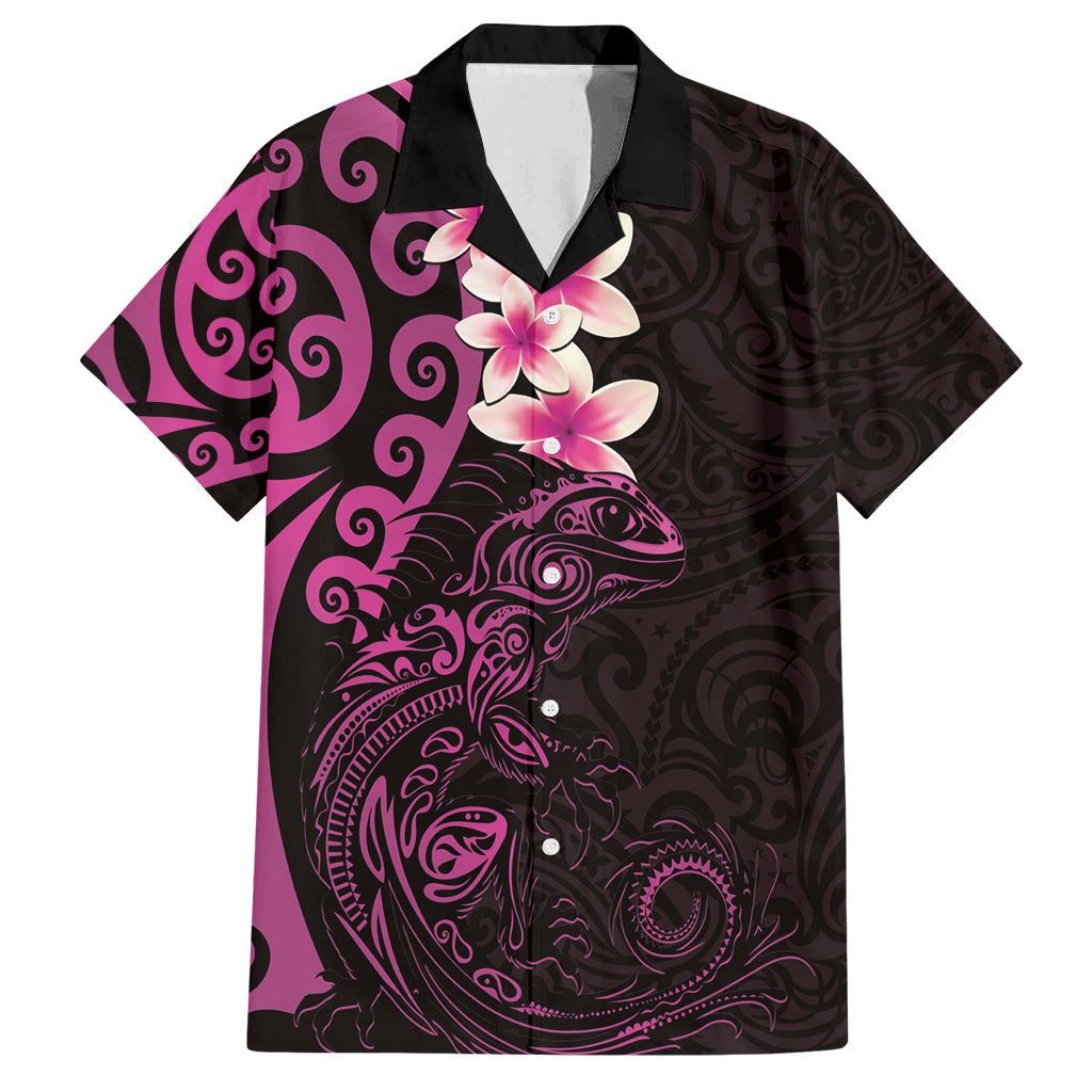 New Zealand Tuatara Plumeria Family Matching Tank Maxi Dress and Hawaiian Shirt Maori Pink Koru Tribal Tattoo LT01 Dad's Shirt - Short Sleeve Pink - Polynesian Pride