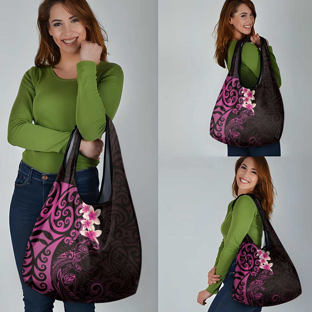 New Zealand Tuatara Plumeria Grocery Bag Maori Pink Koru Tribal Tattoo
