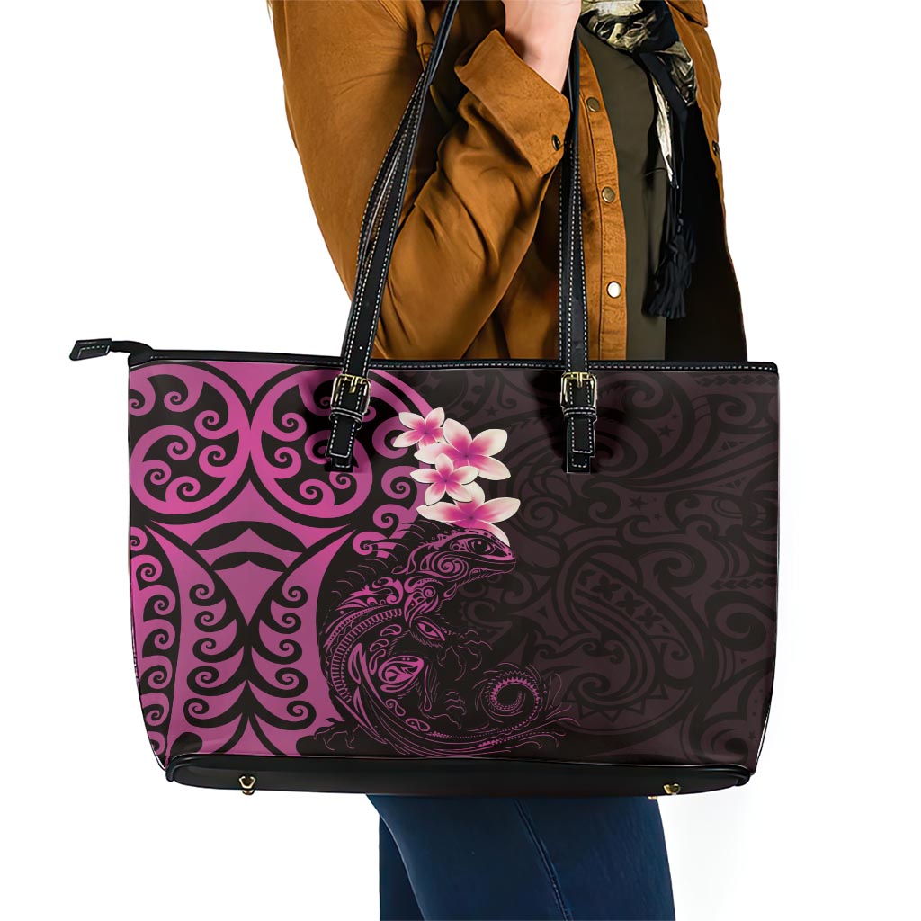 New Zealand Tuatara Plumeria Leather Tote Bag Maori Pink Koru Tribal Tattoo